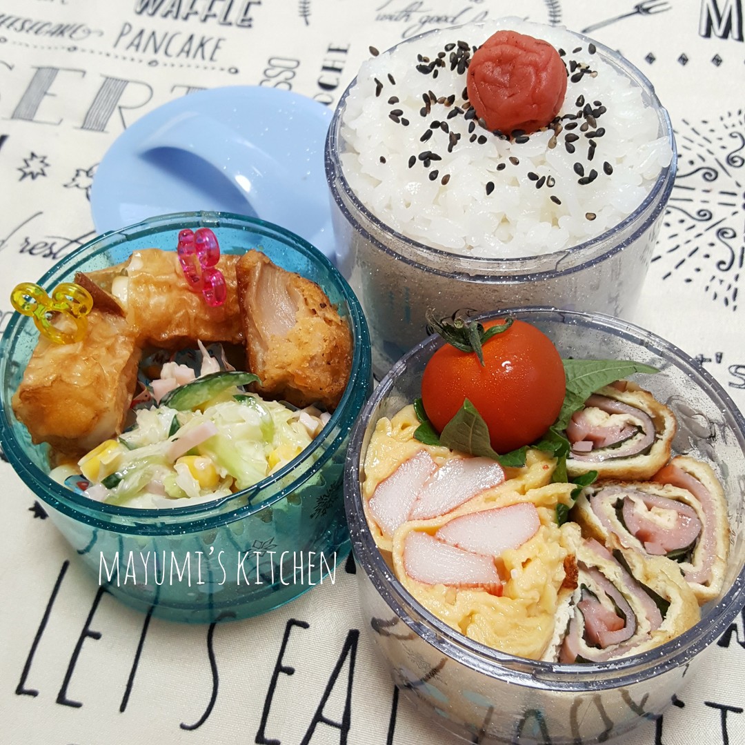 油揚げとハムマヨ大葉のくるくる巻焼き弁当。