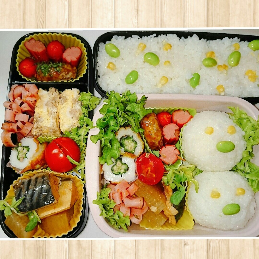 鯖大根と夏を感じる、枝豆ととうもろこしの顔おにぎり