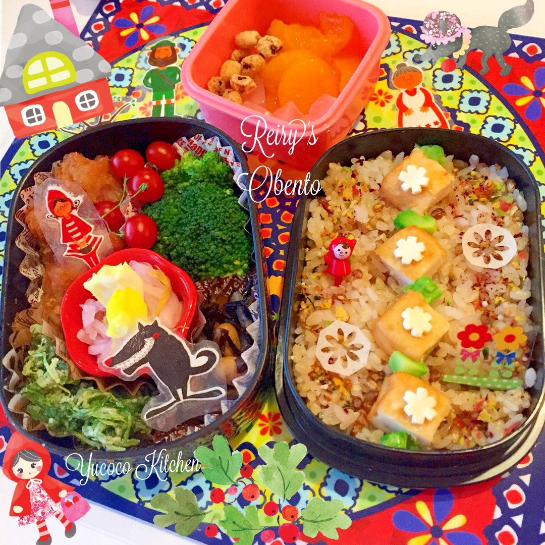 0124もち麦玄米ご飯🍎唐揚げと和風おかず🍏赤ずきんちゃん弁当
