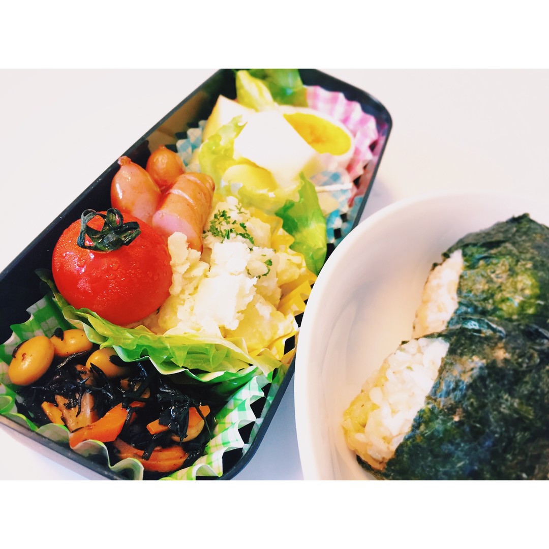 二色おにぎりとひじきのお弁当
