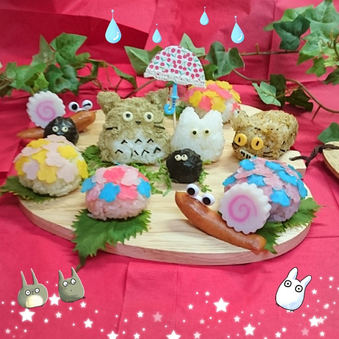 トトロたちとアジサイおにぎり🎵