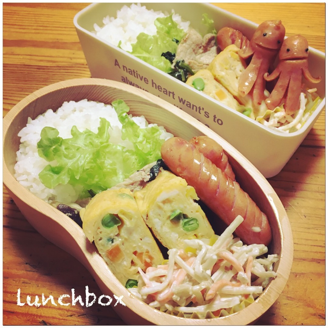 ソーセー人とミックスベジタブルの卵焼き弁当
