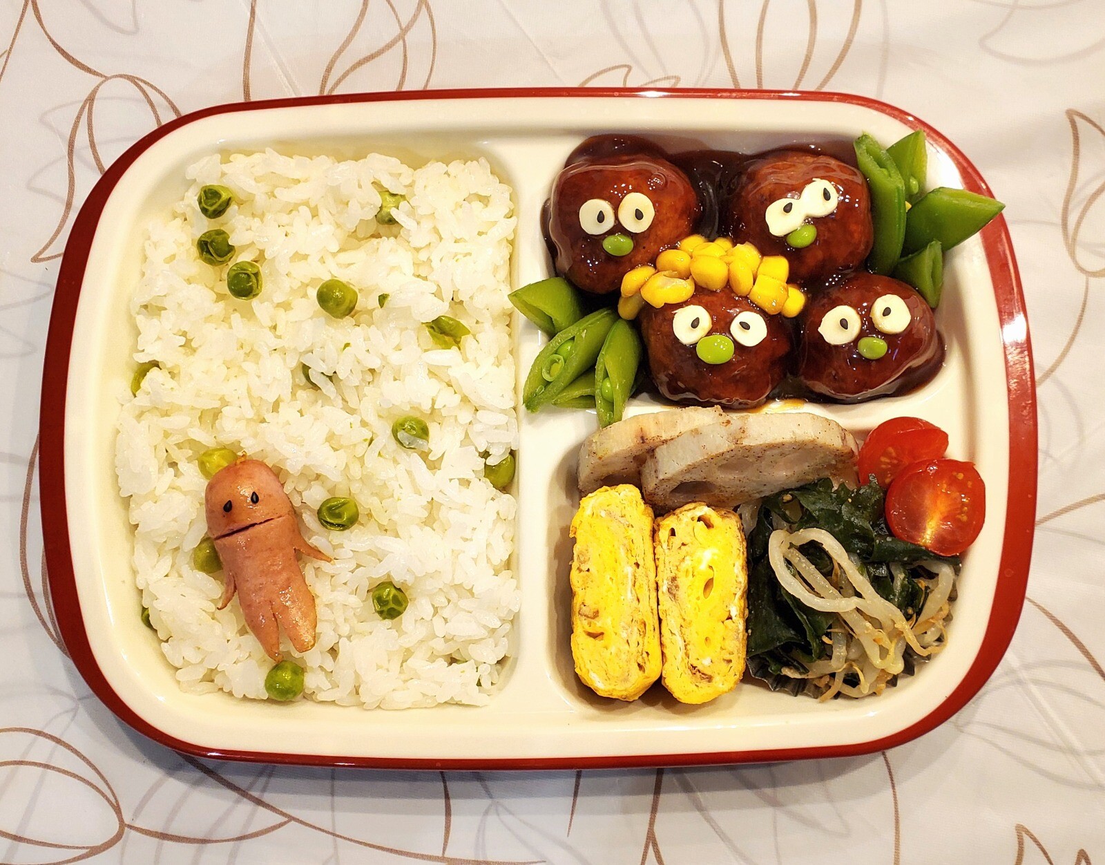 肉団子四兄弟と豆ごはんのお弁当