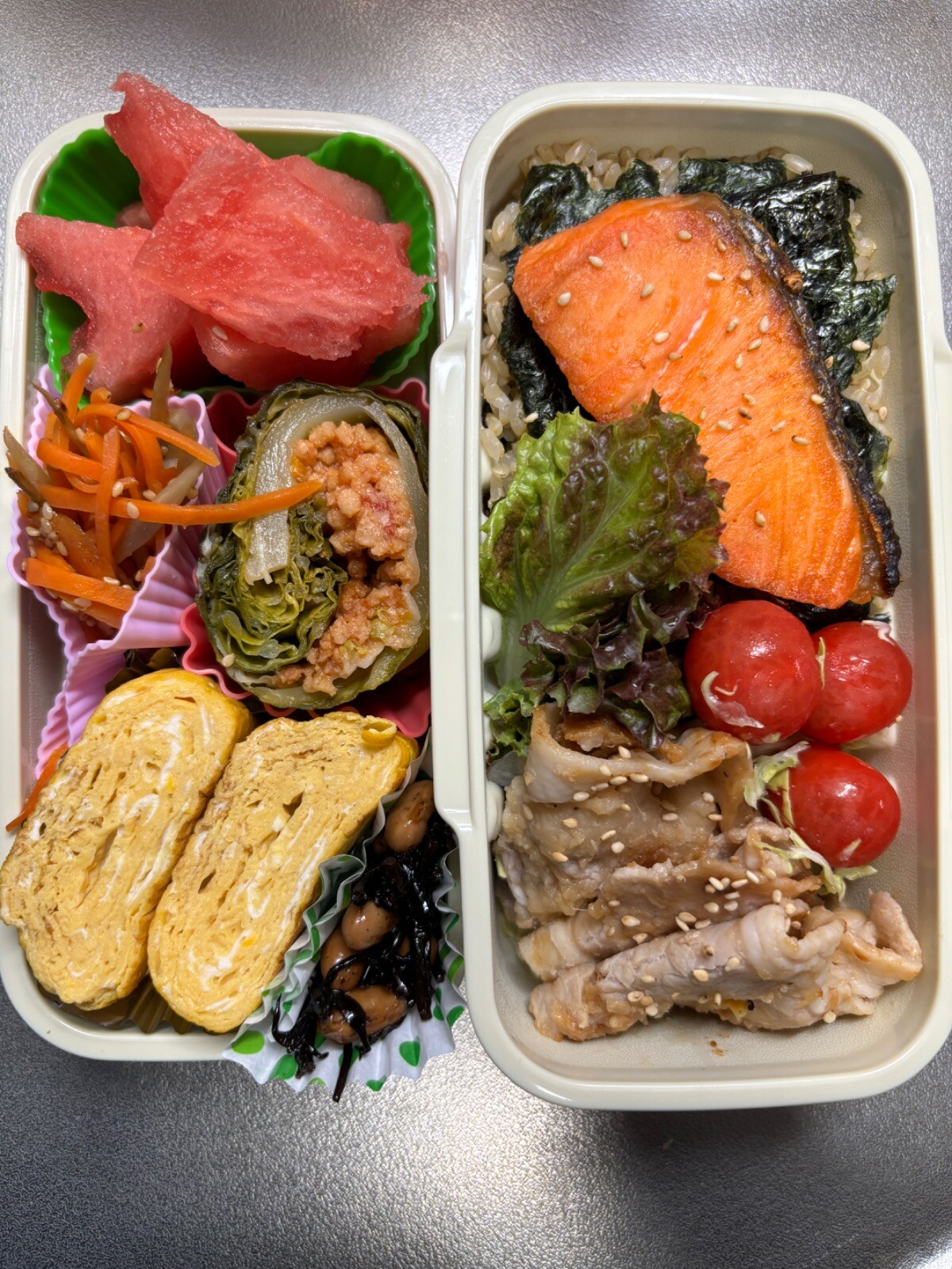 ソイミートロールキャベツ鮭弁当
