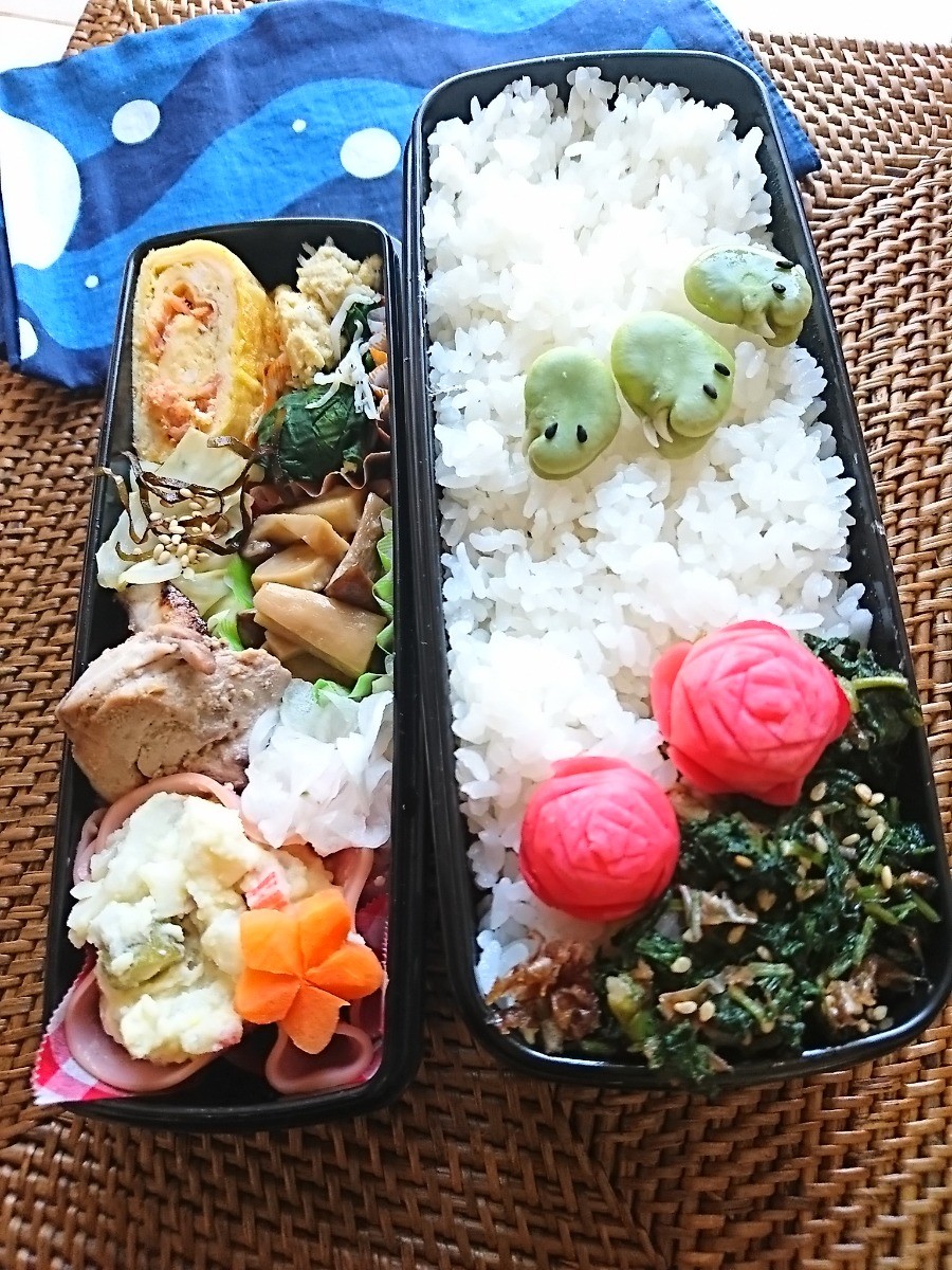 空豆でカエル、旦那弁当