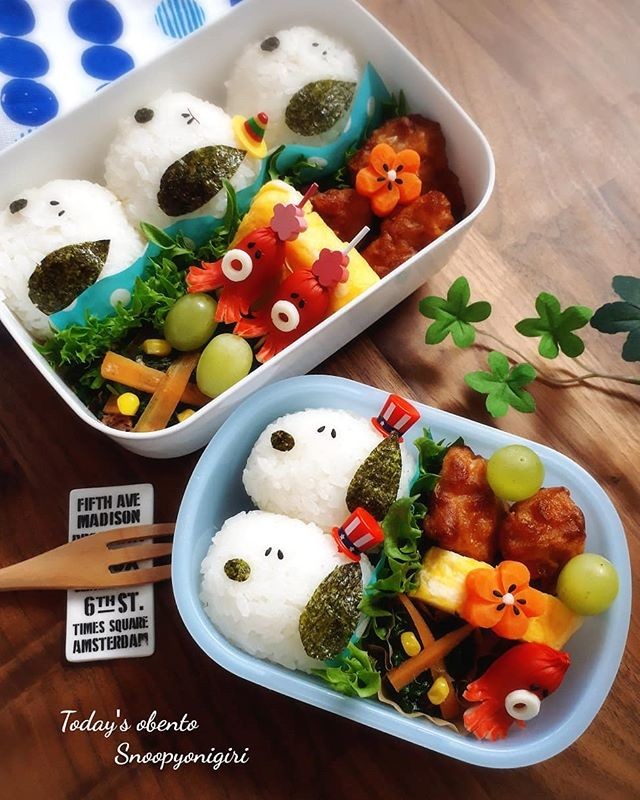 スヌーピーおにぎりと唐揚げ弁当