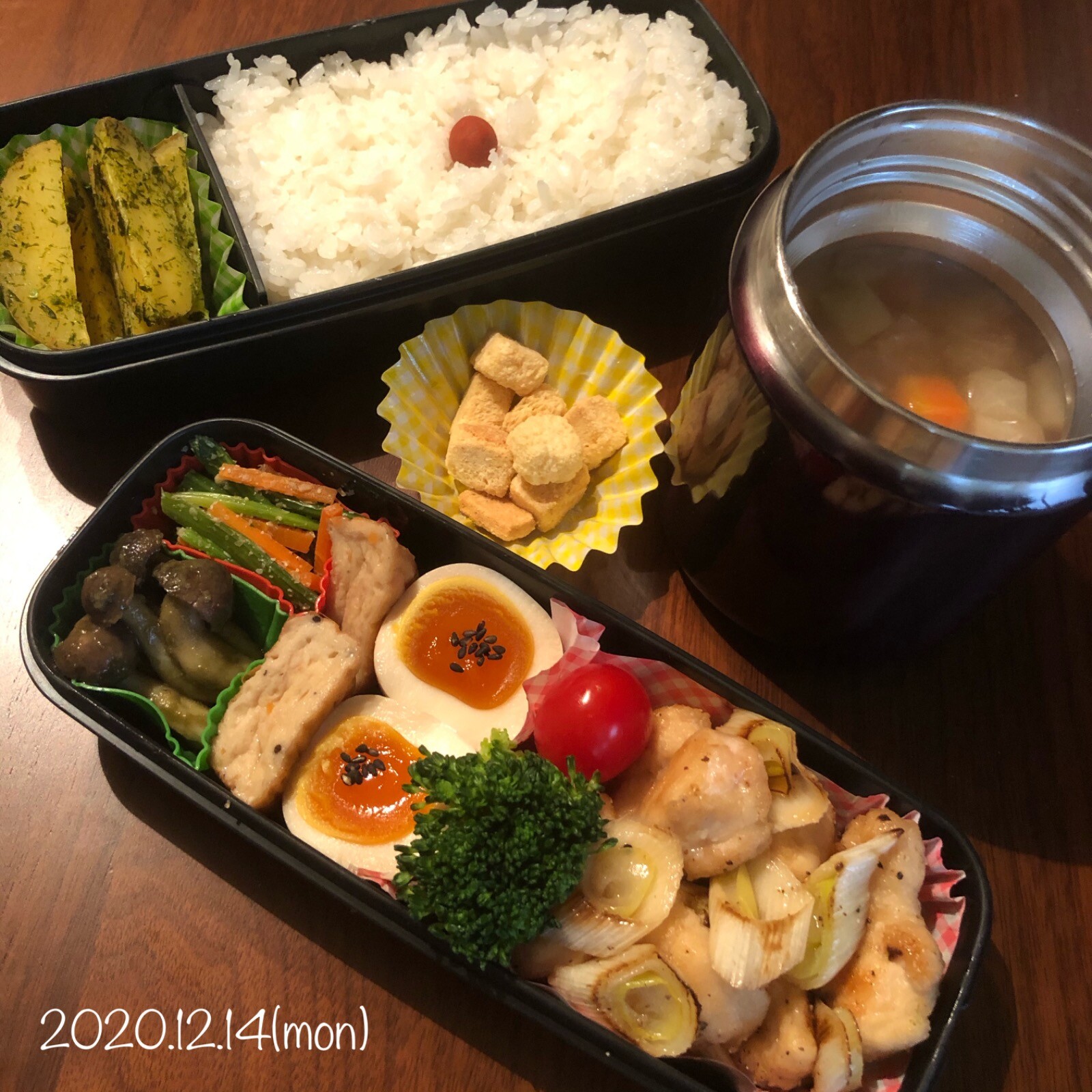 ねぎ塩チキン･のり塩ポテト･味玉･白身魚揚げの生姜煮･ほうれん草とにんじんの胡麻和え･しめじの和風ナムル･コンソメスープ