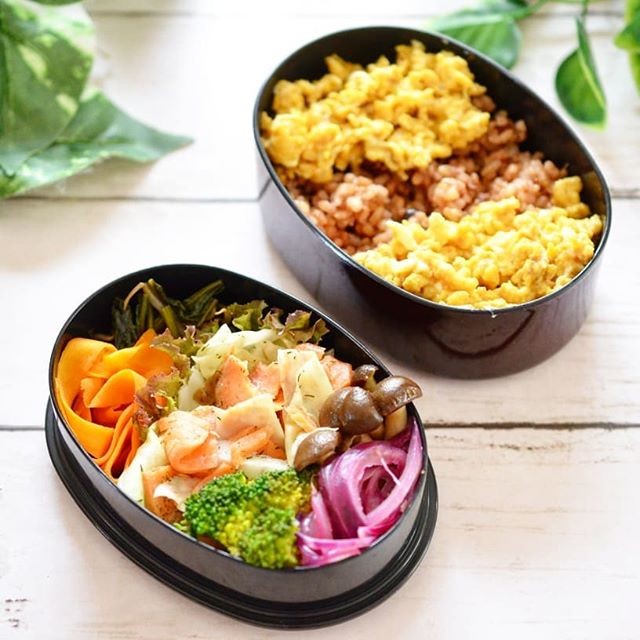 キャベツとスモークサーモンのディル蒸しと卵そぼろ弁当