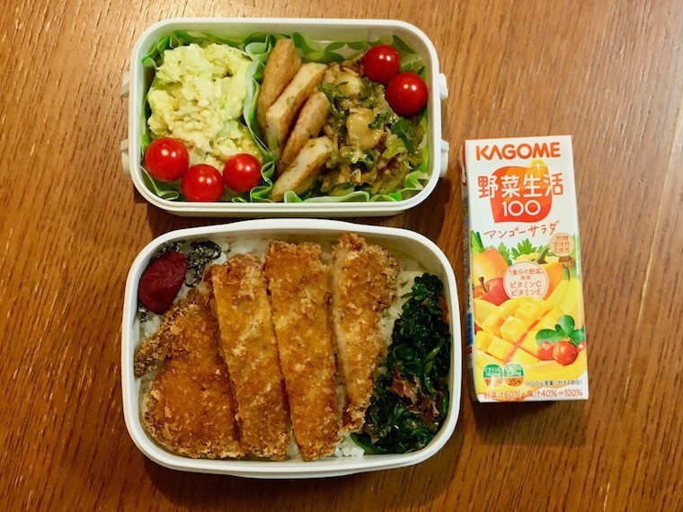 毎日のお弁当 2021年10月1日(金) とんかつ、ベビーホタテのネギ炒め、キャベツの玉子炒め、タコのさつま揚げほか